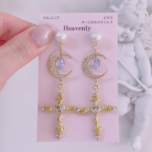 <09047>Crescent moon and rose cross Earrings