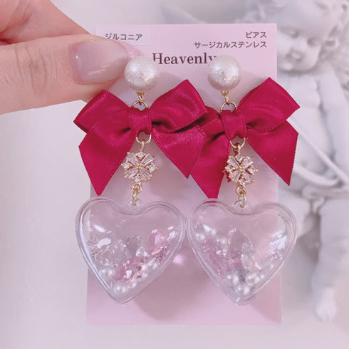 <09055>Clear heart balloon Earrings(Red)