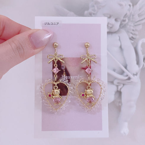 <09061>A little wizard bear Clip-On Earrings(golden ribbon)