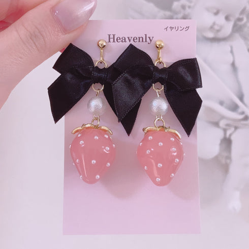 <09080>Black ribbon & pink strawberry Clip-On Earrings