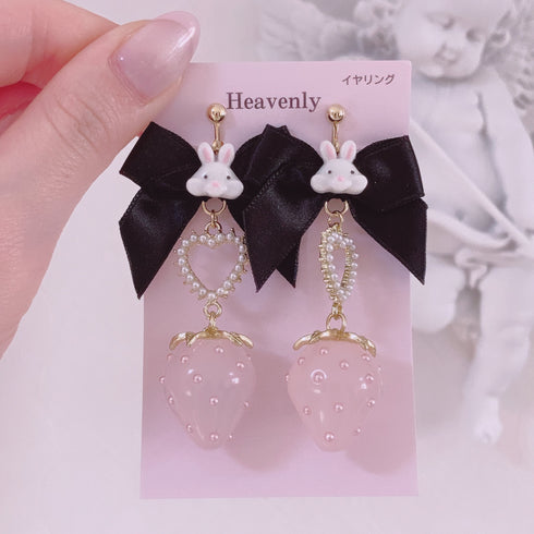 <09081>Black ribbon & rabbit strawberry Clip-On Earrings