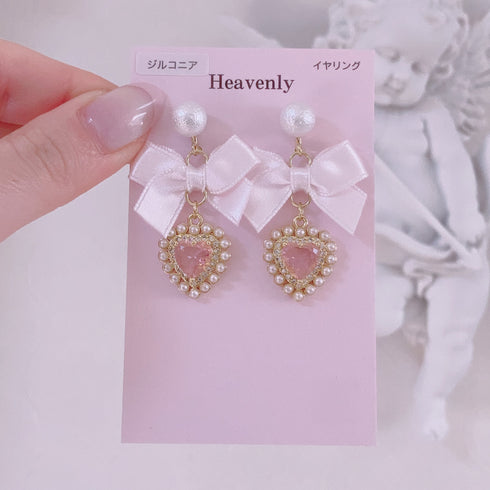 <09093>ribbon&pink heart Clip-On Earrings