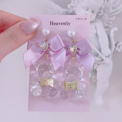<09094>ribbon&clear bear Clip-On Earrings