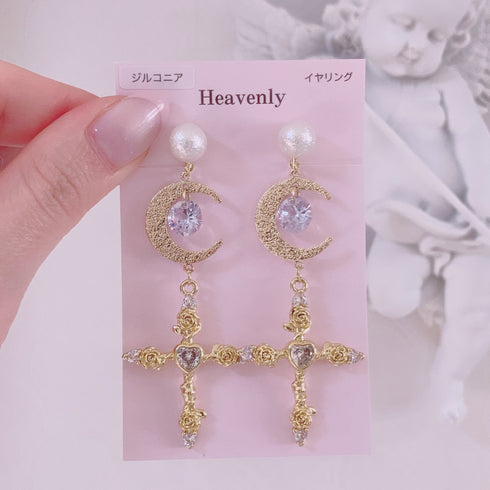 <09096>Crescent moon and rose cross Clip-On Earrings