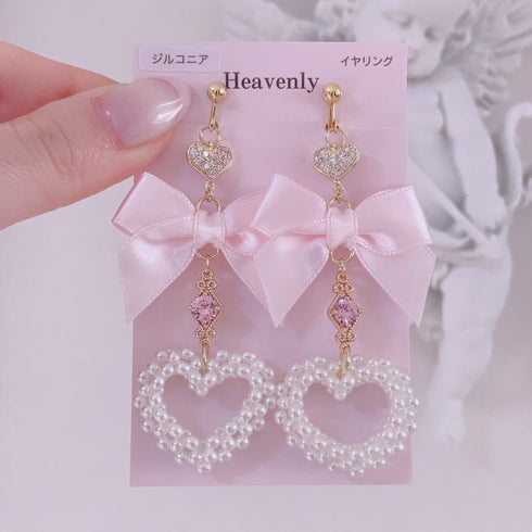 <09098>Perl Heart Clip-On Earrings(Pink ribbon)