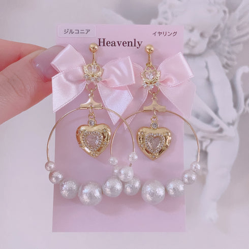 <09101>Golden heart and pearl hoop Clip-On Earrings