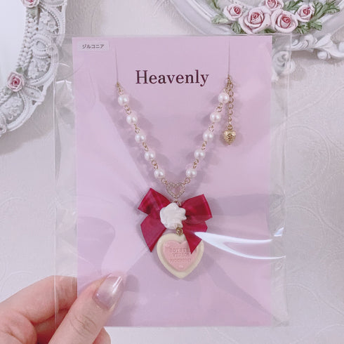 <09131>Sweet Heart Necklace Red Ribbon×White×Strawberry(56~61cm)
