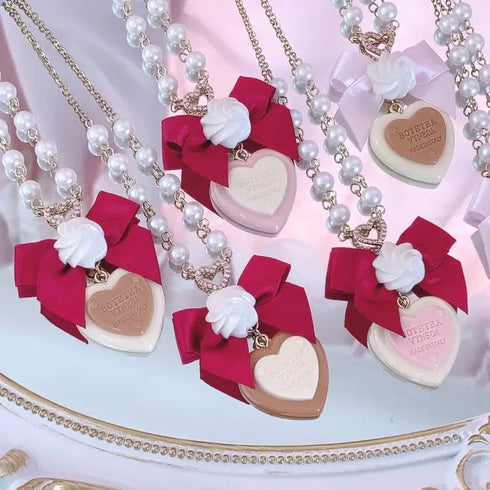 <09131>Sweet Heart Necklace Red Ribbon×White×Strawberry(56~61cm)