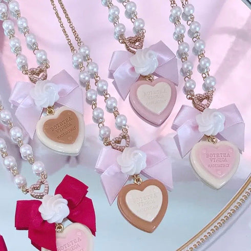 <09135>Sweet Heart Necklace Pink Ribbon×Milk×White(56~61cm)