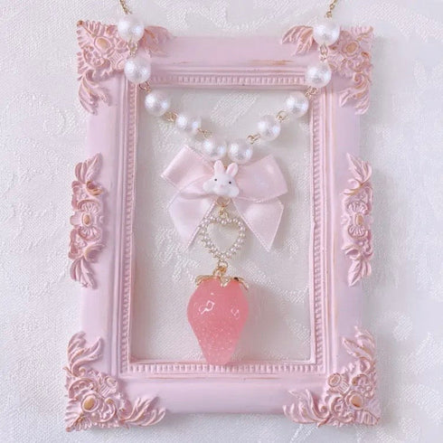 <09142>Strawberry Necklace Rabbit(Pink)(57~62cm)