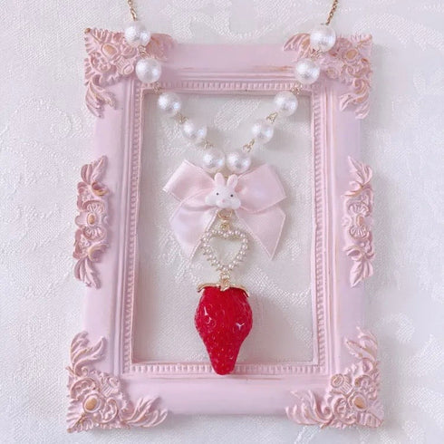 <09143>Strawberry Necklace Rabbit(Red)(57~62cm)