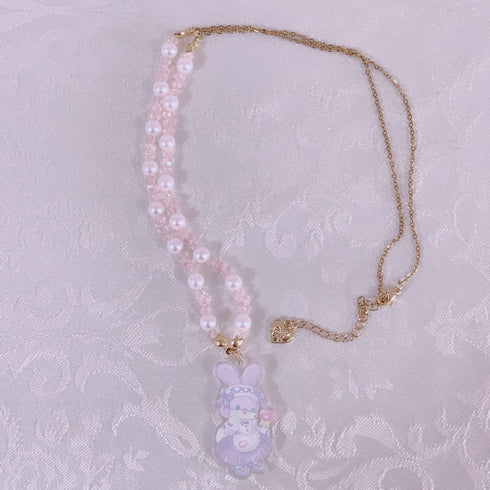 <09146>fluffy bunny collaboration Necklace(Purple)(60~65cm)