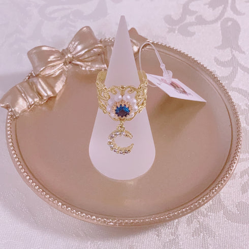 <09167>Gold Color Lace Ring Blue×Moon