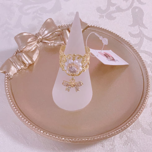 <09168>Gold Color Lace Ring Clear×Ribbon