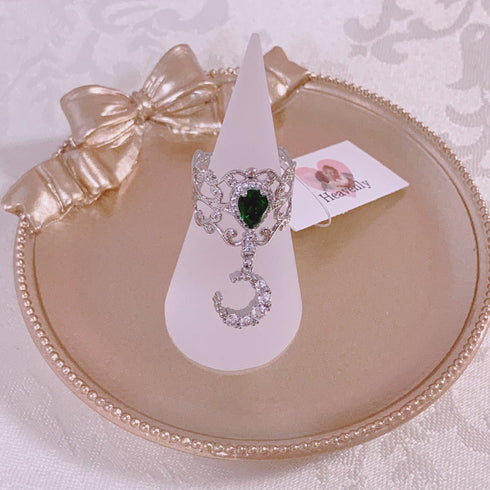 <09171>Silver Color Lace Ring Green×Moon