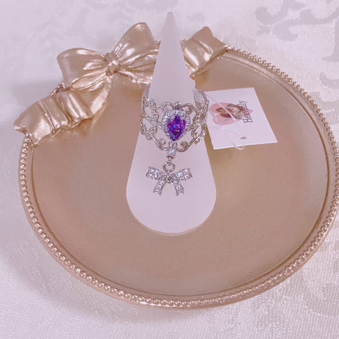 <09173>Silver Color Lace Ring Purple×Ribbon