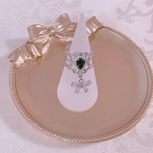 <09174>Silver Color Lace Ring Green×Ribbon