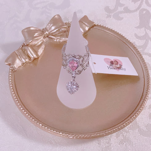 <09176>Silver Color Lace Ring Pink×Heart
