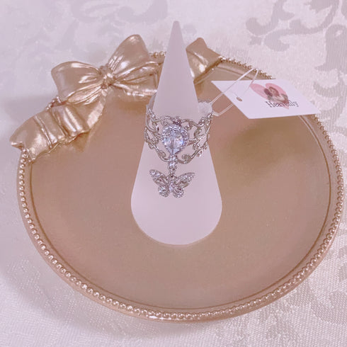<09177>Silver Color Lace Ring Clear×Butterfly