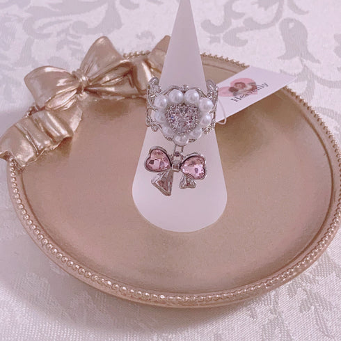 <09178>Silver Color Lace Ring Pink Ribbon