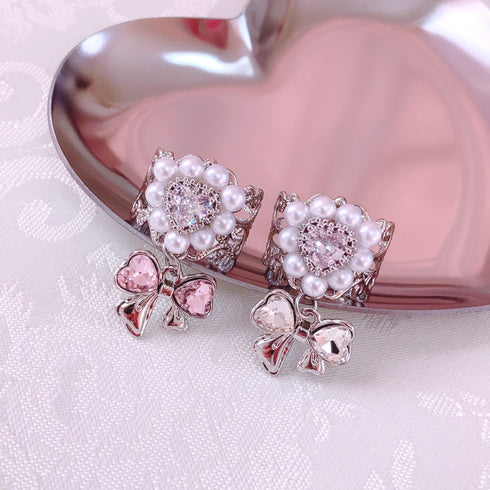 <09178>Silver Color Lace Ring Pink Ribbon