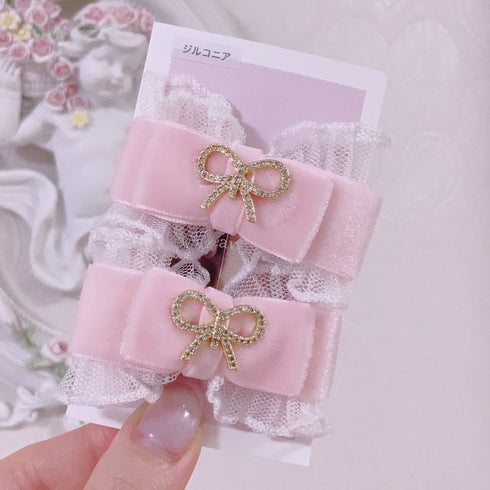 <09183>Velvet Ribbon Hair Clip Pink×Ribbon