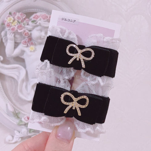 <09184>Velvet Ribbon Hair Clip Black×Ribbon