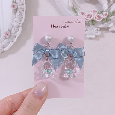 <09187>Blue ribbon&clear bear Earrings