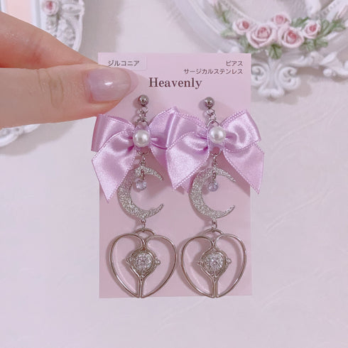 <09191>Pink ribbon&moon Earrings