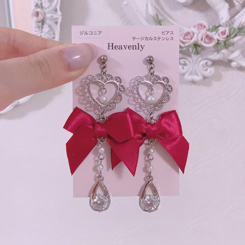<09192>lace heart&red ribbon Earrings