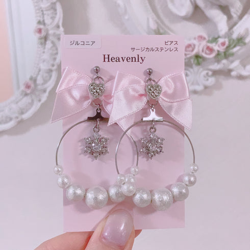<09193>Snowflake Earrings(Pink ribbon)