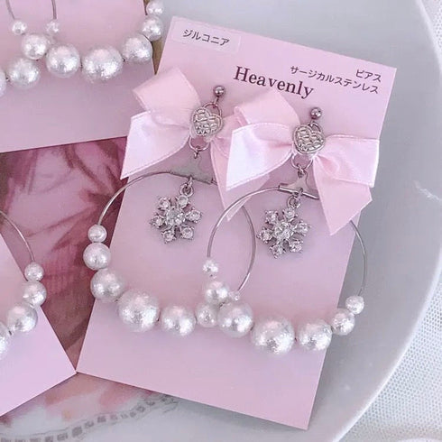 <09193>Snowflake Earrings(Pink ribbon)