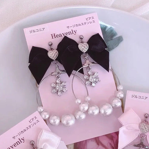 <09194>Snowflake Earrings(Black ribbon)
