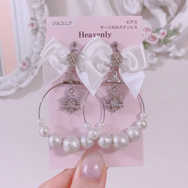<09195>Snowflake Earrings (White ribbon)