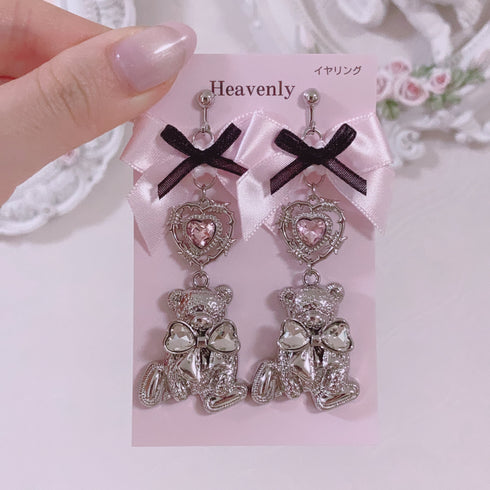 <09196>Bear Clip-On Earrings Pink Ribbon×Pink Heart