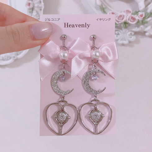 <09198>Pink ribbon&moon Clip-On Earrings