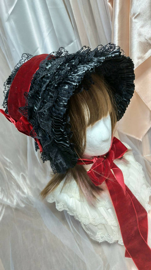黒×ボルドーリボン総レースボンネット