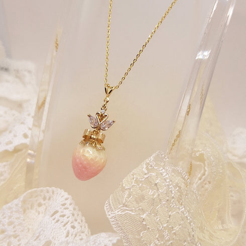 <10006>strawberry&swan ribbon necklace (pink)