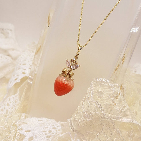 <10007>strawberry&swan ribbon necklace (pure red)