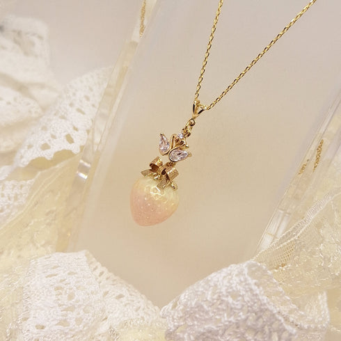 <10008>strawberry&swan ribbon necklace (light pink)
