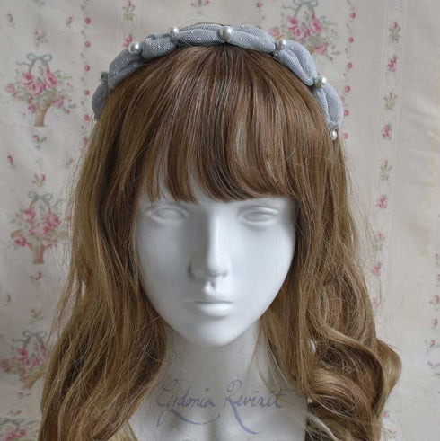<10046>Tulle&Pearlふわふわカチューシャ ブルーグレー