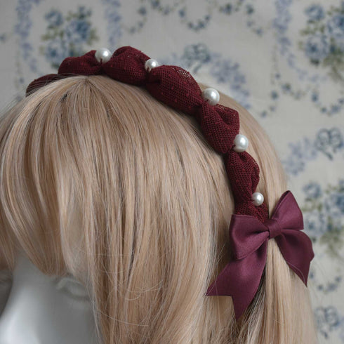 <10047>Tulle&Pearlふわふわカチューシャ ワイン