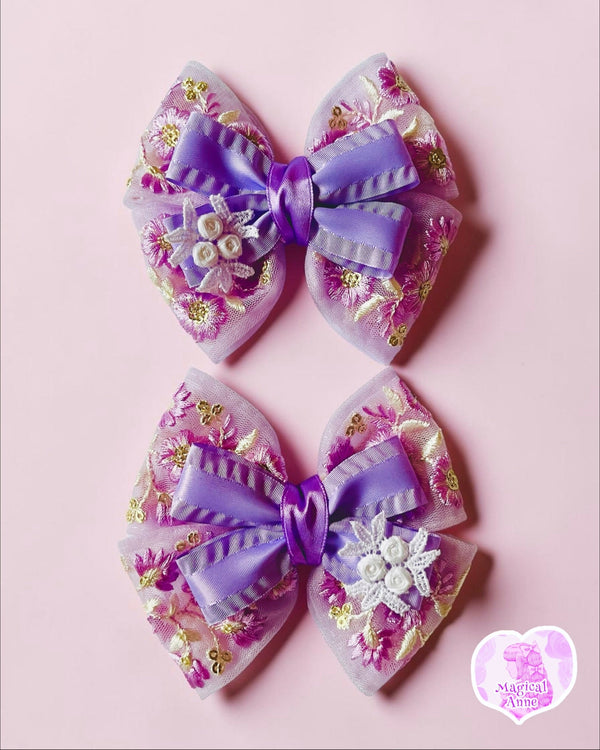 <11006>Embroidered Ribbon Hair Clip (Purple)