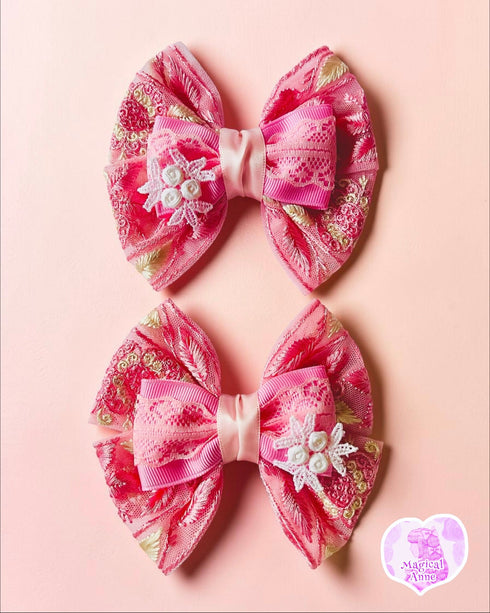 <11008>Embroidered Ribbon Hair Clip (Coral Pink)