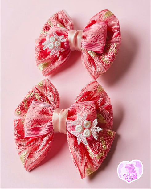 <11008>Embroidered Ribbon Hair Clip (Coral Pink)
