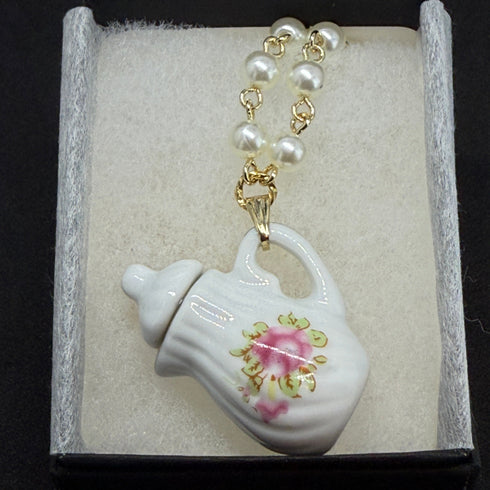 <14036>Antique tea pot necklace small rose