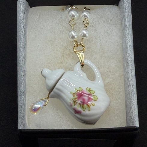 <14040>Antique tea pot necklace small rose drop