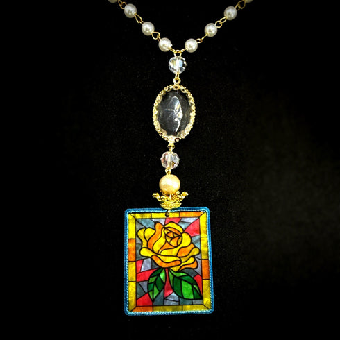 <14047>Yellow Rose stained glass rosary necklace