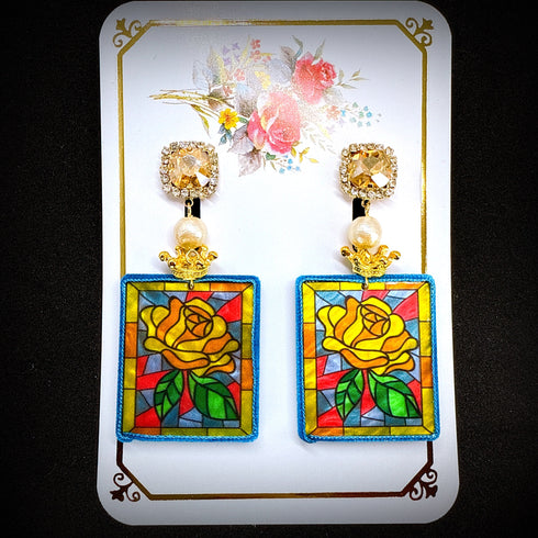 <14048>Yellow Rose stained glass earrings