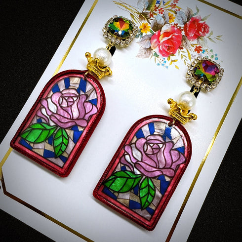 <14049>Purple rose stained glass earrings